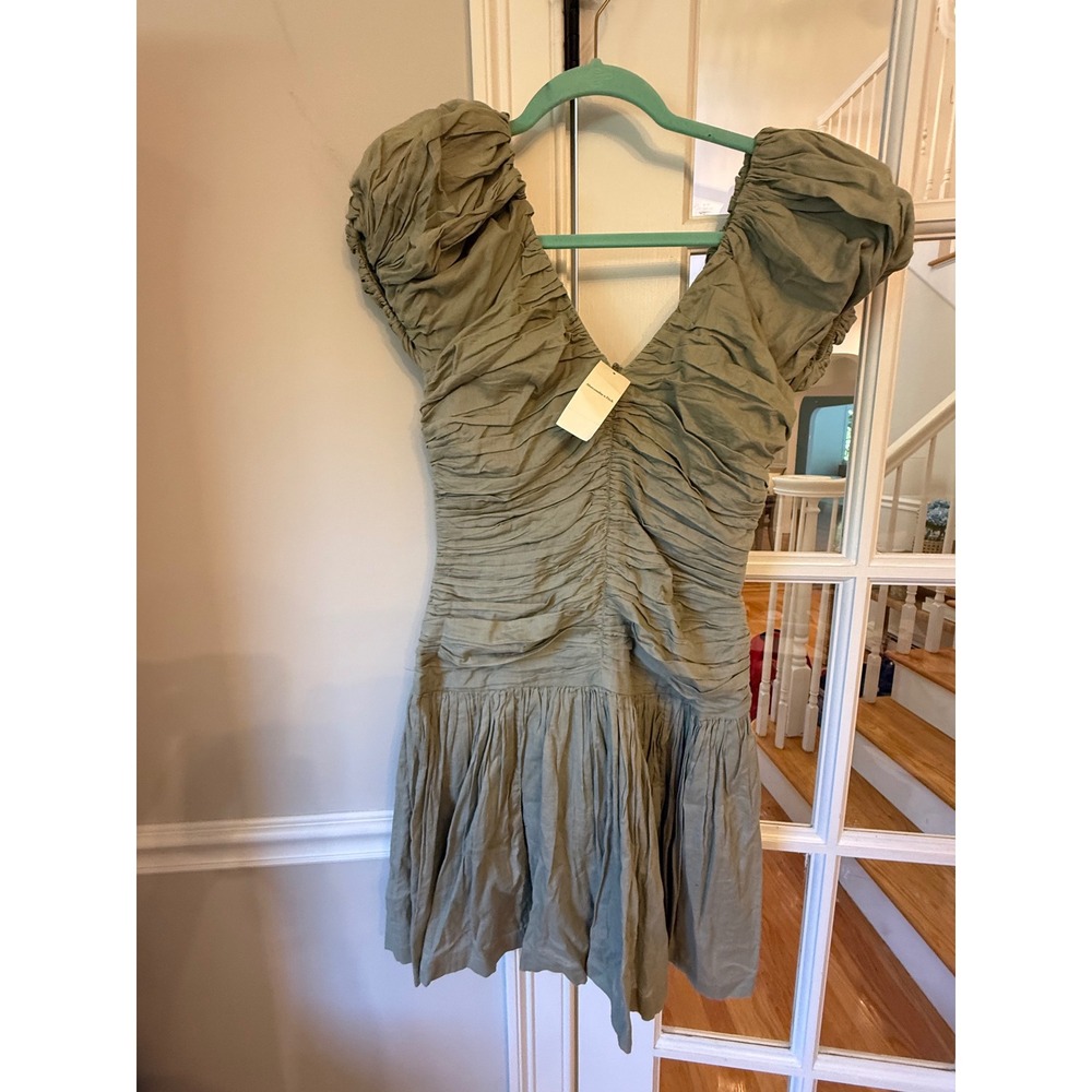 Abercrombie & Fitch Ruched Puff Sleeve Mini Dress Olive Green Sage V-Neck Dress - Picture 3 of 6